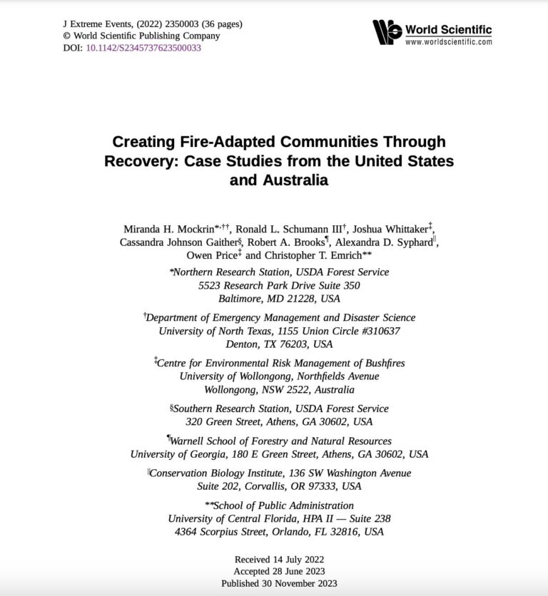 Cover page of a scientific article titled Creating Fire-Adapted Communities Through Recovery: Case Studies from the United States and Australia. Contains author names and affiliations, and journal publication details.